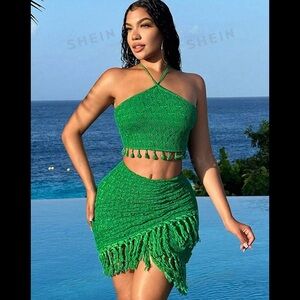 New Emerald Green Crochet Stretch Beach Cover Up Skirt & Crop Top Set XS
